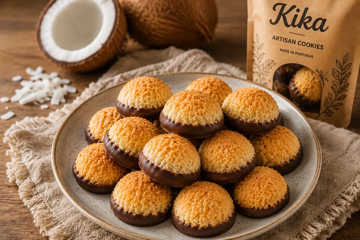 Cookies de coco mergulhados em chocolate